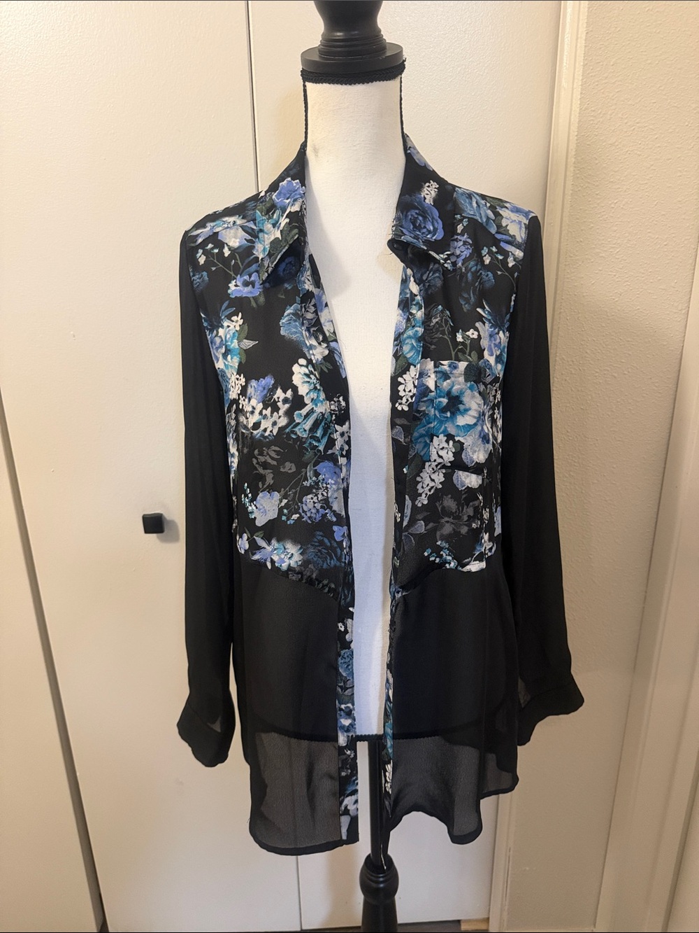 Signature Studio Black Sheer Blouse with Blue Floral Panels